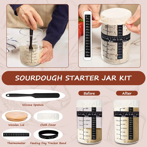 All In One Sourdough Starter Kit with silicone spatula, wooden lid, cloth cover, thermometer, feeding band, and starter jar