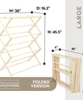Badass Professional Grade Solid Maple Clothes Drying Rack dimensions showing 36x45.5 inch unfolded and 36x22 inch folded.