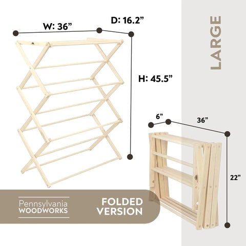 Badass Professional Grade Solid Maple Clothes Drying Rack dimensions showing 36x45.5 inch unfolded and 36x22 inch folded.