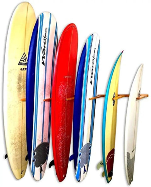Vertical Timber Wall Rack That Holds 6 Surfboards For Home Or Garage Beefy Natural Hardwood Mount With Cork Padded Arms