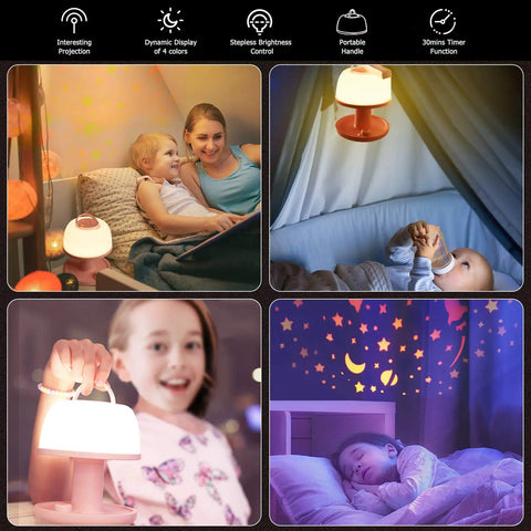 Collage showing kids using Kid Friendly Toddler Night Light With Star Projector Dimmable LED Bedside Lamp in bedroom settings.