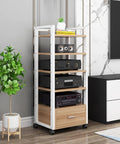 Five Tier AV Media Rack With Drawers Wooden Corner Frame Cabinet and Stereo Stand for Home Office and Studio Gear Multi Functional Storage for Printer Scanner Fax Machine Style 3 60x40x120 cm with audio equipment