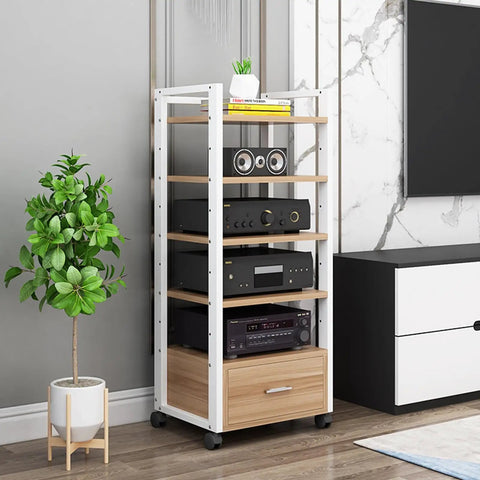 Five Tier AV Media Rack With Drawers Wooden Corner Frame Cabinet and Stereo Stand for Home Office and Studio Gear Multi Functional Storage for Printer Scanner Fax Machine Style 3 60x40x120 cm with audio equipment