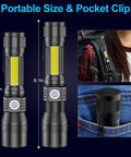 Rechargeable UV Black Light Flashlight 2 Pack 3 In 1 Ultra Bright Pocket Lights with pocket clip, shown in backpack and jeans