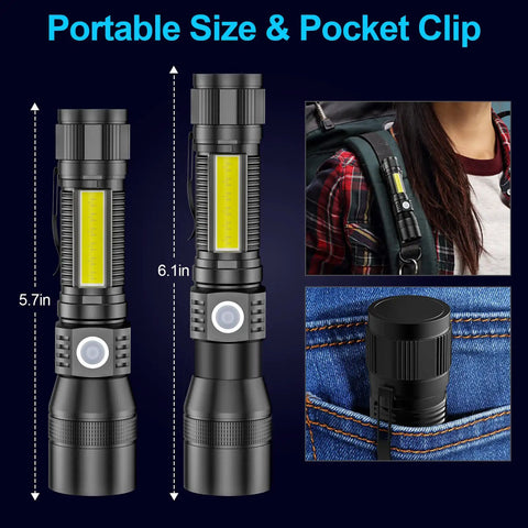 Rechargeable UV Black Light Flashlight 2 Pack 3 In 1 Ultra Bright Pocket Lights with pocket clip, shown in backpack and jeans