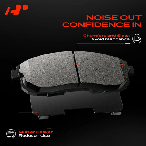 Rock Solid Front Ceramic Brake Pads Compatible With Hyundai Kia 2 Pack highlighting chamfers and slots for noise reduction.