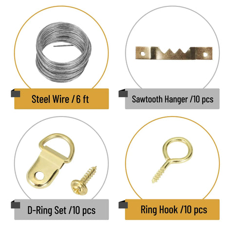 Picture Hanging Kit 220 Pieces Gold Hardware Set With Assorted Hooks Nails Sawtooth Hangers D Rings Steel Wire Ring Hooks