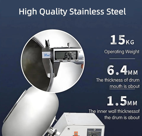 Close-up of Heavy Duty Commercial Sugar Coating Machine showing stainless steel details and measurements of drum thickness.