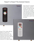Ultimate Whole House Tankless Water Heater 24kW 240V Electric Instant Hot Flow showing Tempra and Tempra Plus features.