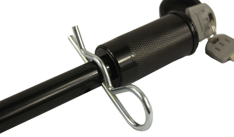 Close-up of Two Hitch Pin Lock Set For One Half And Five Eighth Inch Receivers With One Shared Keyed Alike Lock Anti Theft Weatherproof