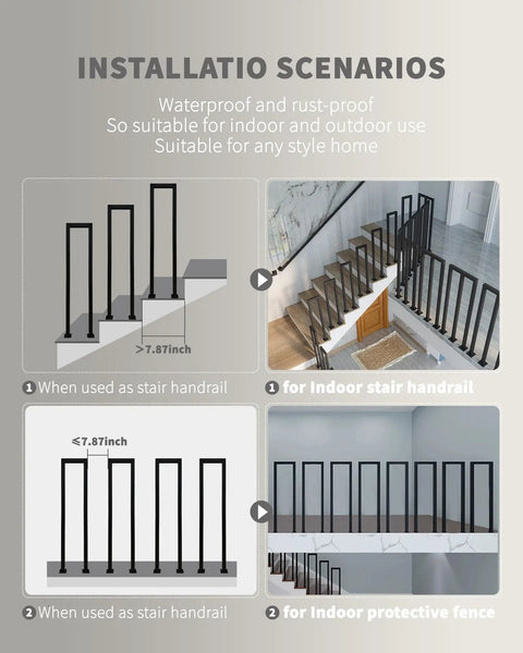 Installation scenarios for Rock Solid Matte Black U Shaped Handrails for Indoor and Outdoor Stairs featuring non-slip grip.
