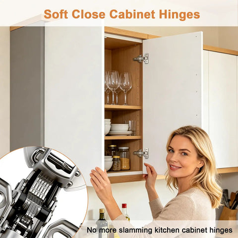Heavy Duty Full Overlay Soft Close Cabinet Hinges With No Sweat Clip On Mounting For Face Frame Kitchen Cabinets Nickel Plated 105 Degree Concealed Door Hardware 4 Pair Rock Solid Zinc in use with open cabinet.