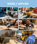 Collage of woodworking power tools: drill, circular saw, grinder, and milling machine in a woodshop.