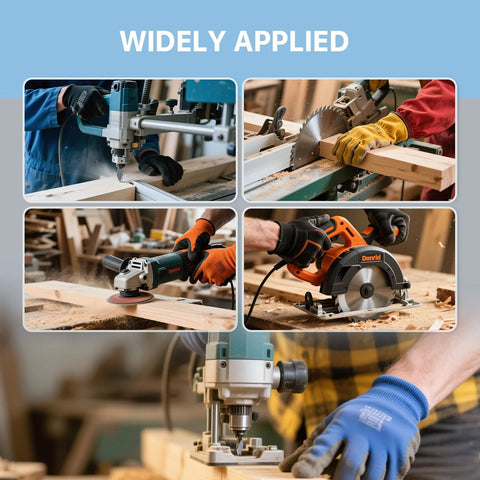 Collage of woodworking power tools: drill, circular saw, grinder, and milling machine in a woodshop.