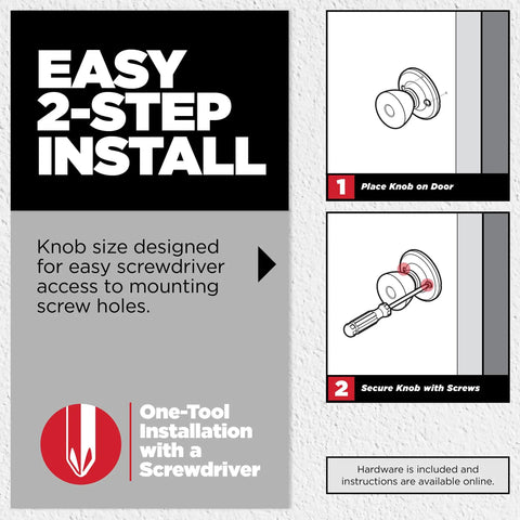 Tylo Dummy Door Knob For Interior Doors Non Turning Single Sided Handle For Closets French Double Doors And Pantry Satin Chrome Finish Push Pull Easy DIY Install one-tool install diagram