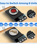 Rechargeable Precision Milligram Scale 0.001g Accuracy, 100g Capacity displaying powders and jewelry, unit conversion options shown