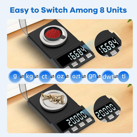 Rechargeable Precision Milligram Scale 0.001g Accuracy, 100g Capacity displaying powders and jewelry, unit conversion options shown