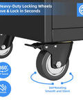 Heavy Duty Metal Garage Cabinet With Dual Drawers And Precision Glide Locking Casters Hella Rugged Rolling Tool Chest showcasing 360-degree locking wheels.