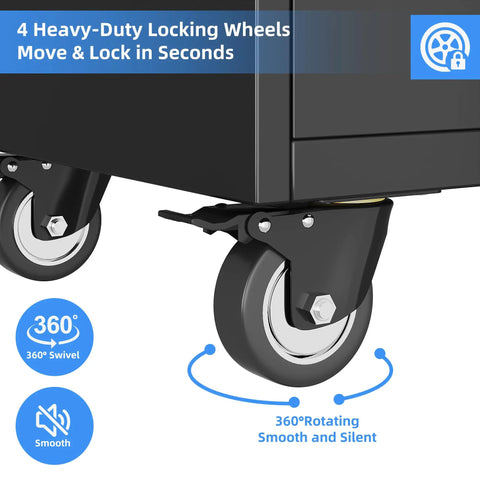 Heavy Duty Metal Garage Cabinet With Dual Drawers And Precision Glide Locking Casters Hella Rugged Rolling Tool Chest showcasing 360-degree locking wheels.