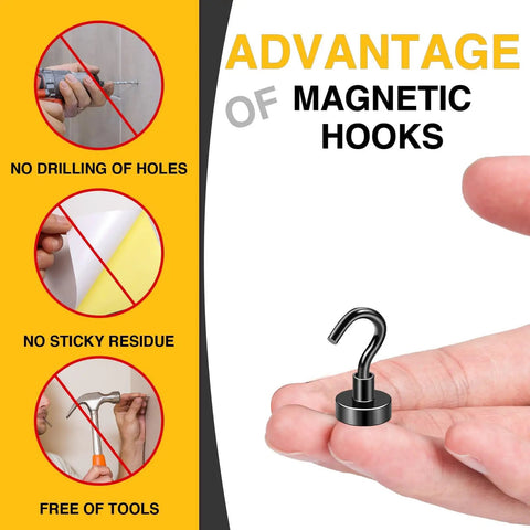 Hand holding black heavy duty magnetic hook, highlighting advantages like no drilling, sticky residue, or tools needed.