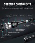 Exploded view of the Pocket Thrower GTA LED Flashlight with components, highlighting OSRAM NM1 emitter and 36mm deep reflector.