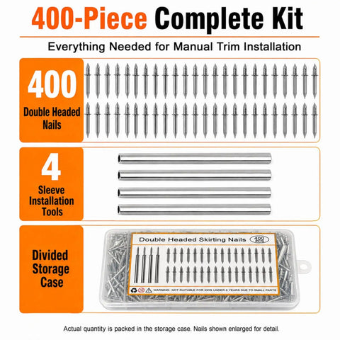 Heavy Duty Double Headed Skirting Nails For Thin Baseboard Trim And Decorative Molding Featuring A Dead On 0.35 Inch Threaded Grip That Holds Knockout With Zero Sweat Using Exactly 400 Pieces For Your Next Build in a complete kit with storage case.