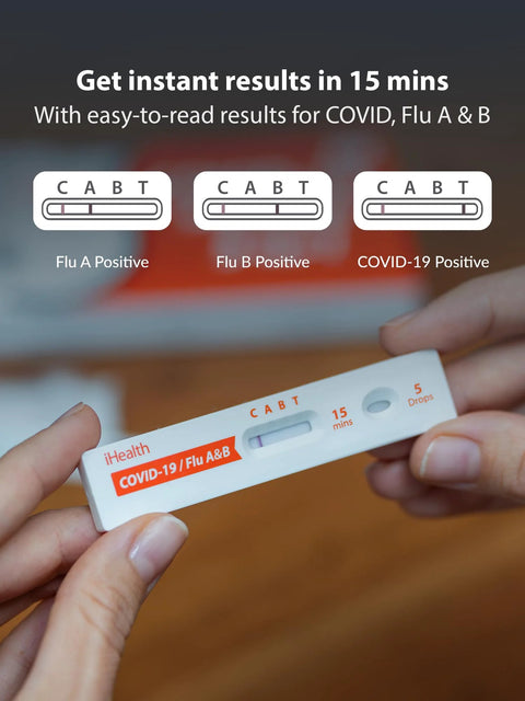 Hands holding 3 In 1 Rapid Antigen Test For Covid And Flu A And B At Home OTC Kit Delivers Results In About 15 Minutes FDA Authorized