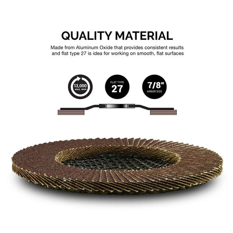 Close-up of 10 Pack Aluminum Oxide Flap Discs For Angle Grinder Four And One Half Inch 80 Grit Flat T27 Flapper Wheel with 7/8 Inch Arbor