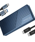Blazing 40Gbps M.2 NVMe SSD Enclosure With Active Cooling, blue aluminum design with USB-C and USB3 connectors.
