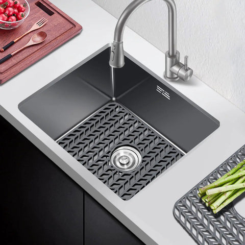 Kitchen Sink Protector Mats 18.2 by 12.5 Inches Soft Silicone Pad in grey with center drain in stainless steel sink