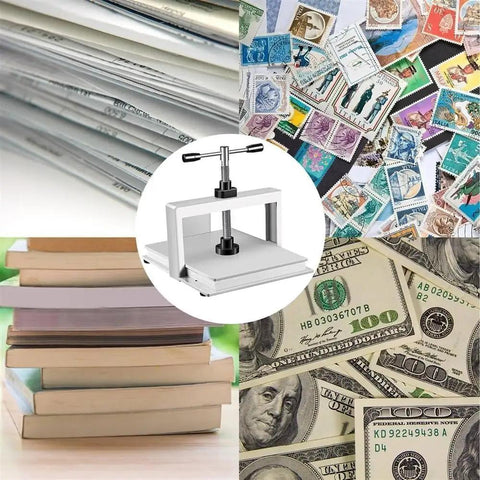 Game Changing Heavy Duty Steel Book Press Machine Built To Flatten Wrinkled A3 And A4 Sheets With Double Balance Rod and Serious Squeeze Workhorse with stacked books and currency.