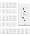 30 Pack White 20 Amp Gfci Outlet Self Test Gfi Receptacle Narrow Design LED Indicator UL Certified installations displayed.