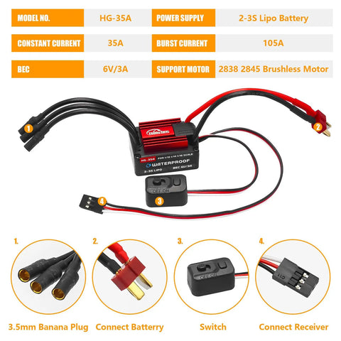 Brushless 2845 4500KV Beast Motor And 35A Waterproof ESC with connectors for RC cars.