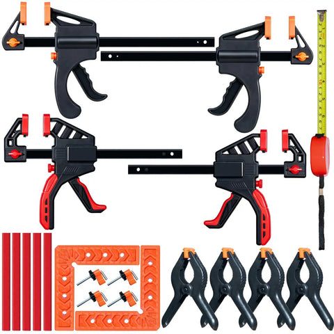 Trigger clamp set for carpentry projects, featuring 90 degree corner clamps for woodworking with slips-free grip for precise assemblies
