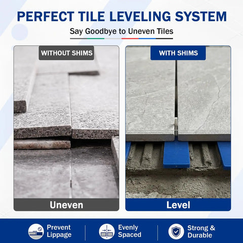 60 Piece Plastic Glazing Blocks And Flat Shims Three Sixteenths To Fifteen Sixteenths Inch showing tile leveling with shims for even spacing.