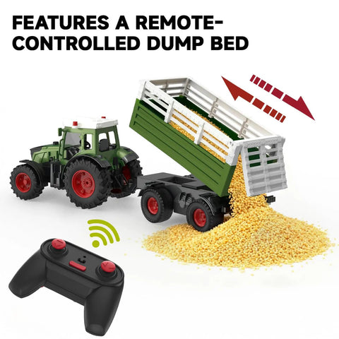 Remote Control Tractor With Dump Trailer And Front Loader, 2.4GHz RC Tractor Toy with dump trailer unloading contents