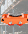 Heavy Duty Machinery Mover Skate Dolly With 6 To 12 Ton Capacity, dimensions showing reinforced carbon steel frame and polyurethane wheels.