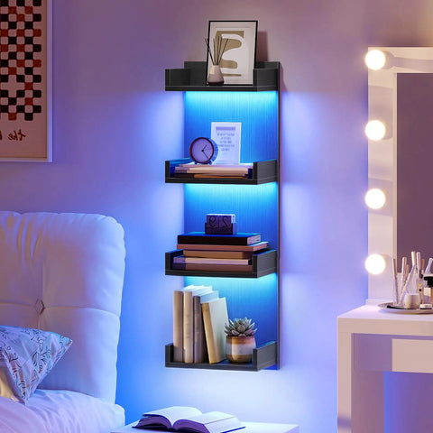 Multi Tier Floating Wall Shelves With Glowing RGB LED Lights And Sleek Black Frame For Wall Mounted Home Storage Vibes That Are Straight Up Dope And Legit Solid