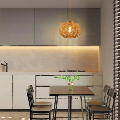 Plug In Pendant Light With Hand Woven Rattan Shade And Nifty Dimmer Switch Chill Boho Ceiling Lamp For Bedroom Or Living Room Includes Bulb Plus 15 Foot Hemp Rope Cord Vintage Paper Weave in modern kitchen setting.