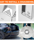 Collage of 304 stainless steel heat deflector assembly and transport, Heat Deflector For 27 Inch Fire Pits And Solo Stove Bonfire 1.0/2.0, 3 leg design.