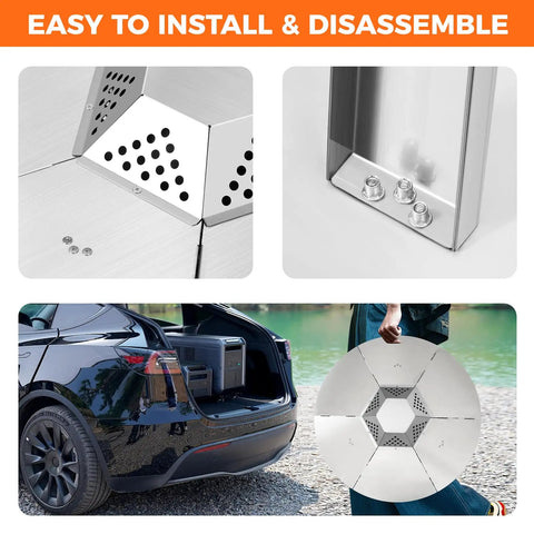 Collage of 304 stainless steel heat deflector assembly and transport, Heat Deflector For 27 Inch Fire Pits And Solo Stove Bonfire 1.0/2.0, 3 leg design.