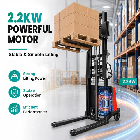 Heavy Duty 3500 Lbs Electric Pallet Jack Fork Truck With Adjustable Width And Powerful Motor For Moving Big Stuff Around The Warehouse Effortlessly, featuring a 2.2KW motor and lifting pallets.