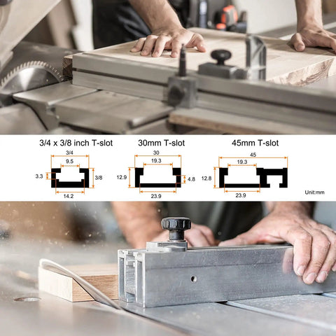 Built Different T Track Bolt And Hex Hand Knobs Kit With Stainless Steel Fasteners and Plastic Brass Insert Nuts For Precision Woodworking Jigs And Workshop Fixtures Black 5 Piece Set with T-slot dimensions.