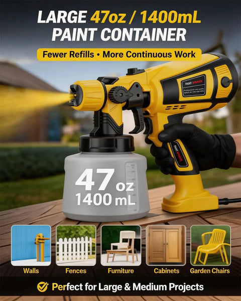 Heavy Duty Electric Paint Sprayer Built For Swift Home Exterior Touch Ups And Deck Refinishing With Generous Tank And Crisp Even Spray Coverage. 47oz container shown.