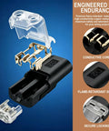 Eighty Piece No Strip Solderless Wire Connectors Rapid Push In Terminal Block dual pin connector with clear and black components.