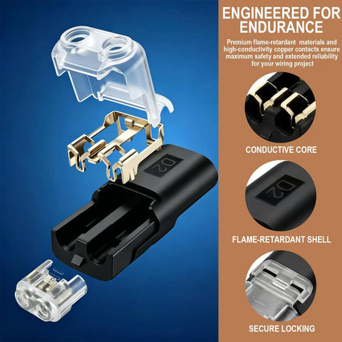 Eighty Piece No Strip Solderless Wire Connectors Rapid Push In Terminal Block dual pin connector with clear and black components.