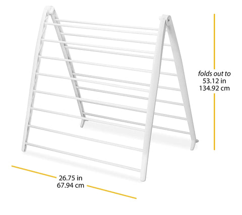 Freestanding Indoor Clothes Drying Rack Foldable Garment Hanger Compact Space Saving Design Lightweight White Finish side view with dimensions.