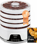 Compact Food Dehydrator With 5 Spacious Trays, Adjustable 95 To 165 Fahrenheit Temp, 48 Hour Timer, Total Game Changer For Homemade Beef Jerky, Fruits And Healthy Savory Snacks in white with beef jerky inside.