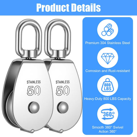 2 Pack Stainless Steel Snatch Block With Swivel Hook, M50 2 Inch Sheave For 3/8 Inch Rope, Beefy Heavy Duty Pulley details