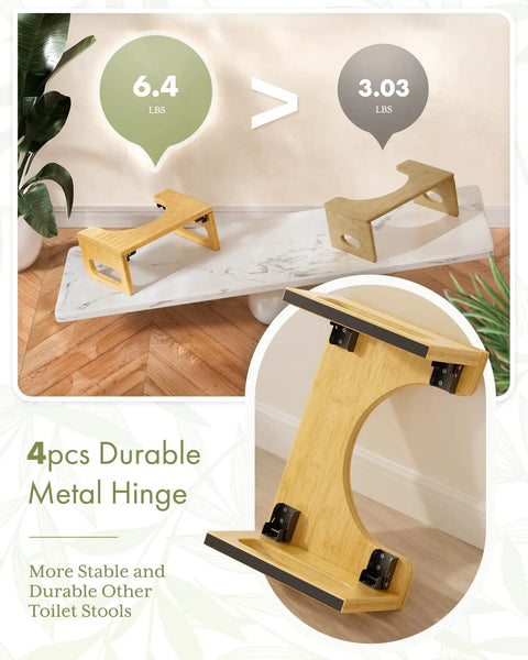 7 Inch Bamboo Toilet Stool for Adults, Foldable Squat Potty for Bathroom, 0.79 Inch Thick, showing hinges and weight comparison